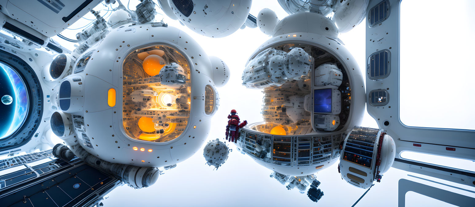 Futuristic Space Station Interior with Spherical Modules & Astronaut