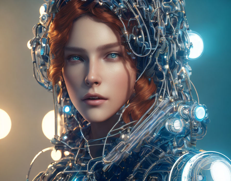 Red-Haired Woman in Futuristic Helmet with Blue Eyes on Soft Blue Background