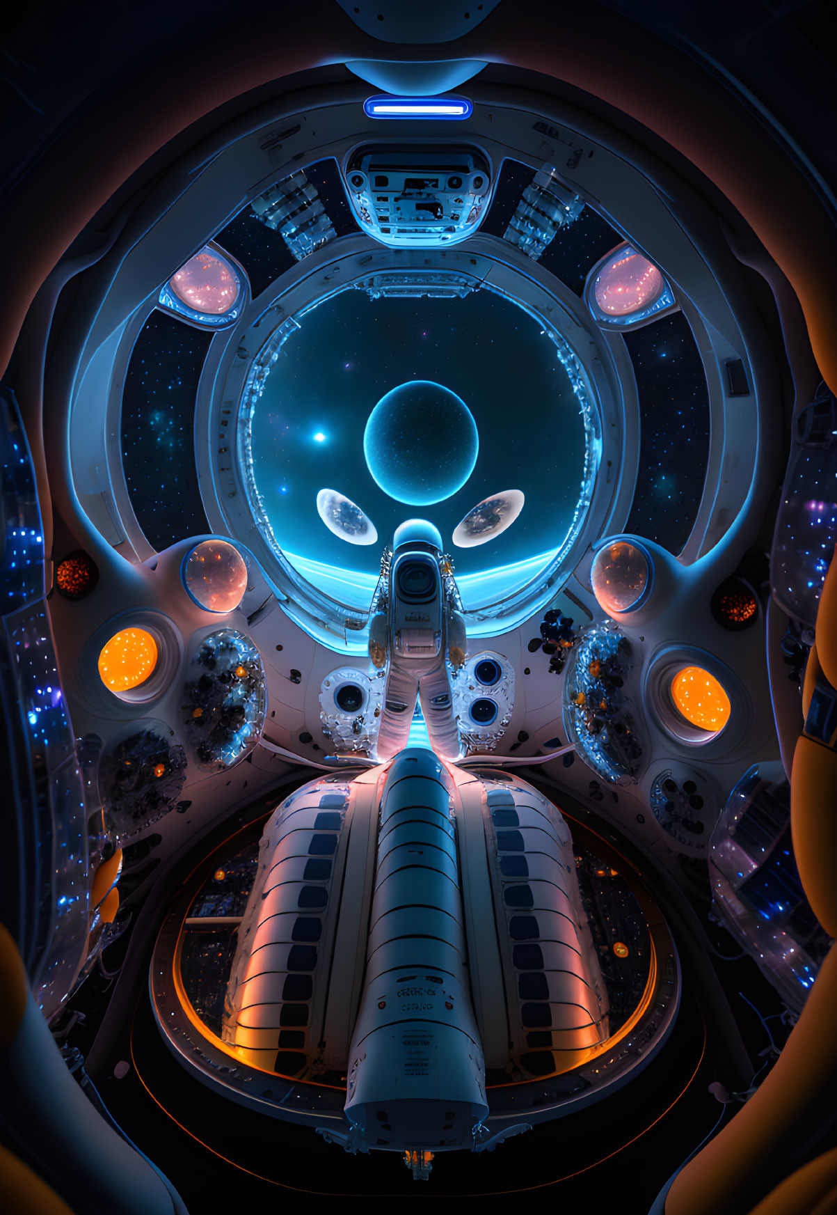 Futuristic spacecraft interior with central control panel and celestial scene.