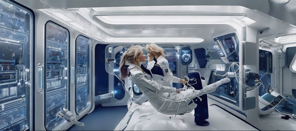 Futuristic spacecraft interior with two individuals in white space suits