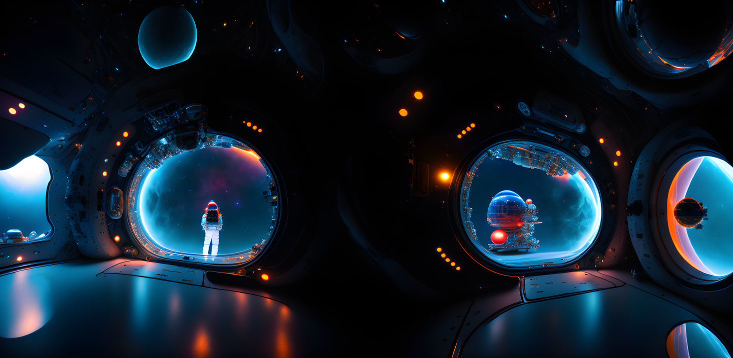 Futuristic spacecraft interior with multiple windows showing outer space and astronaut.