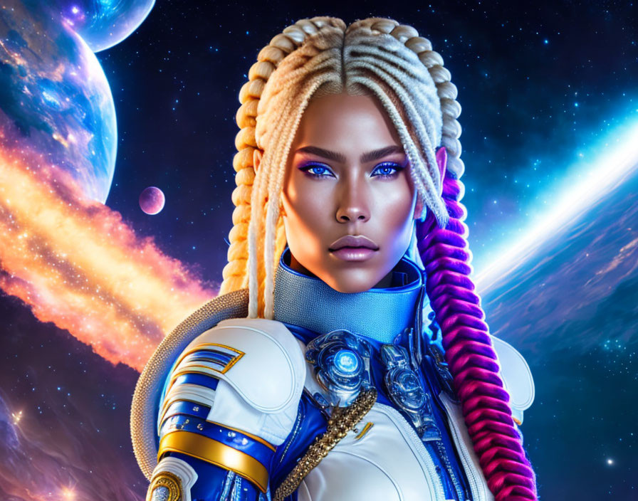 Futuristic female warrior with white hair in sci-fi armor on cosmic background