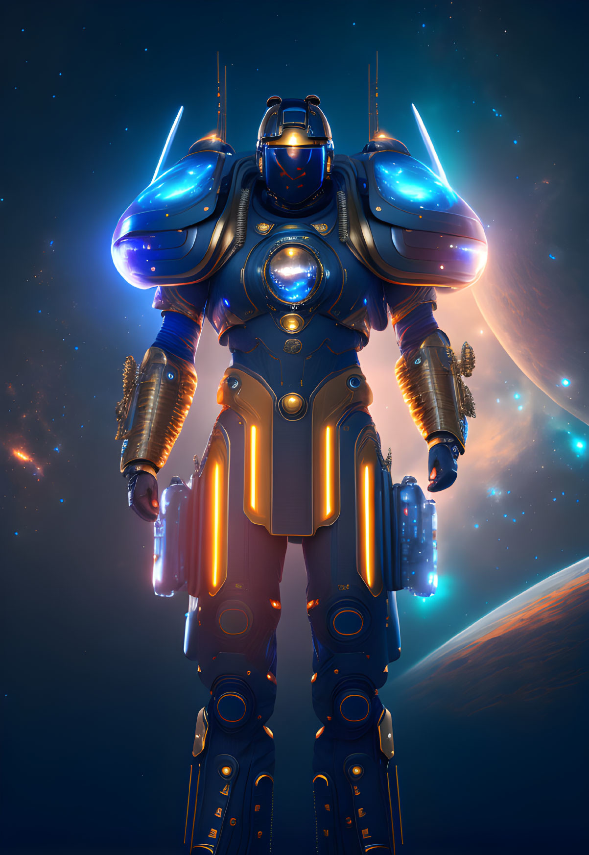 Futuristic robot with glowing elements in cosmic setting