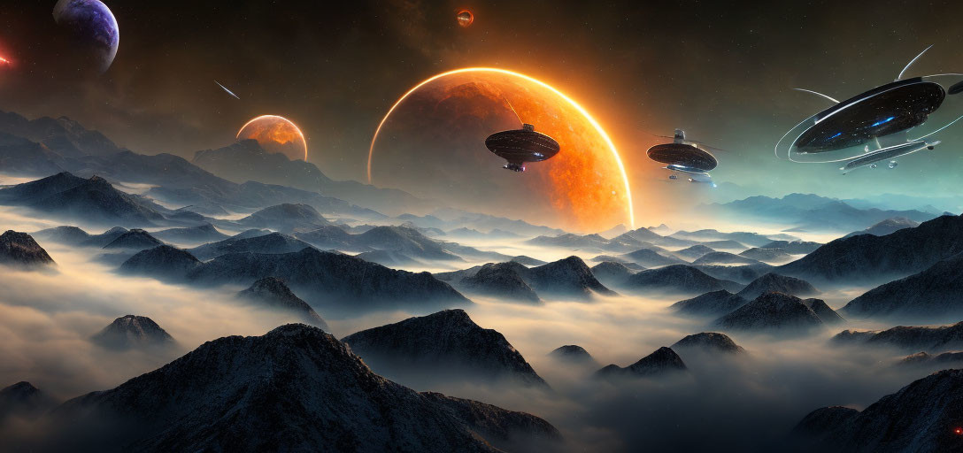 Sci-fi landscape with mountains, flying saucers, and cosmic sky