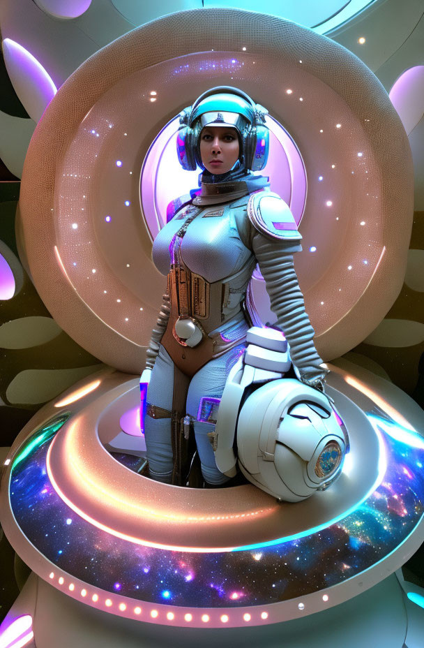 Female astronaut in futuristic spacesuit surrounded by neon lights and glowing orbs