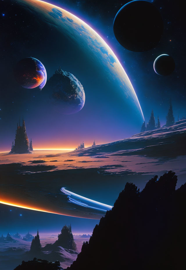 Colorful sci-fi landscape with celestial bodies, starry sky, and rocky spires.