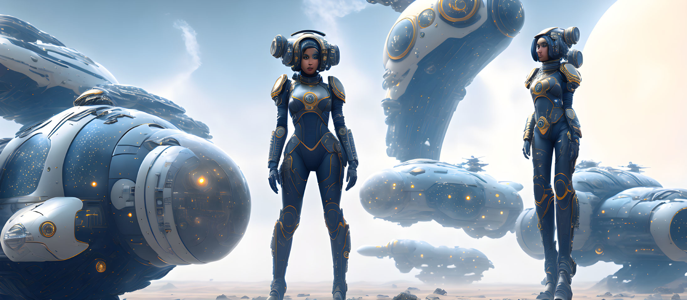 Futuristic female astronauts in space suits on desert terrain with floating spacecrafts