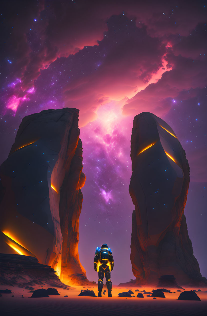 Astronaut between towering rocks under purple starry sky