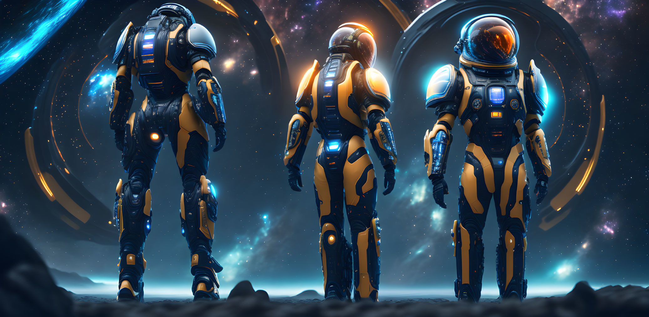 Futuristic astronauts in blue and yellow suits on alien surface with rings and cosmic backdrop