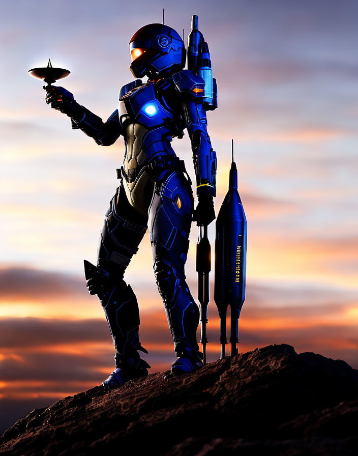 Futuristic robot with martini glass on rocky terrain at dusk