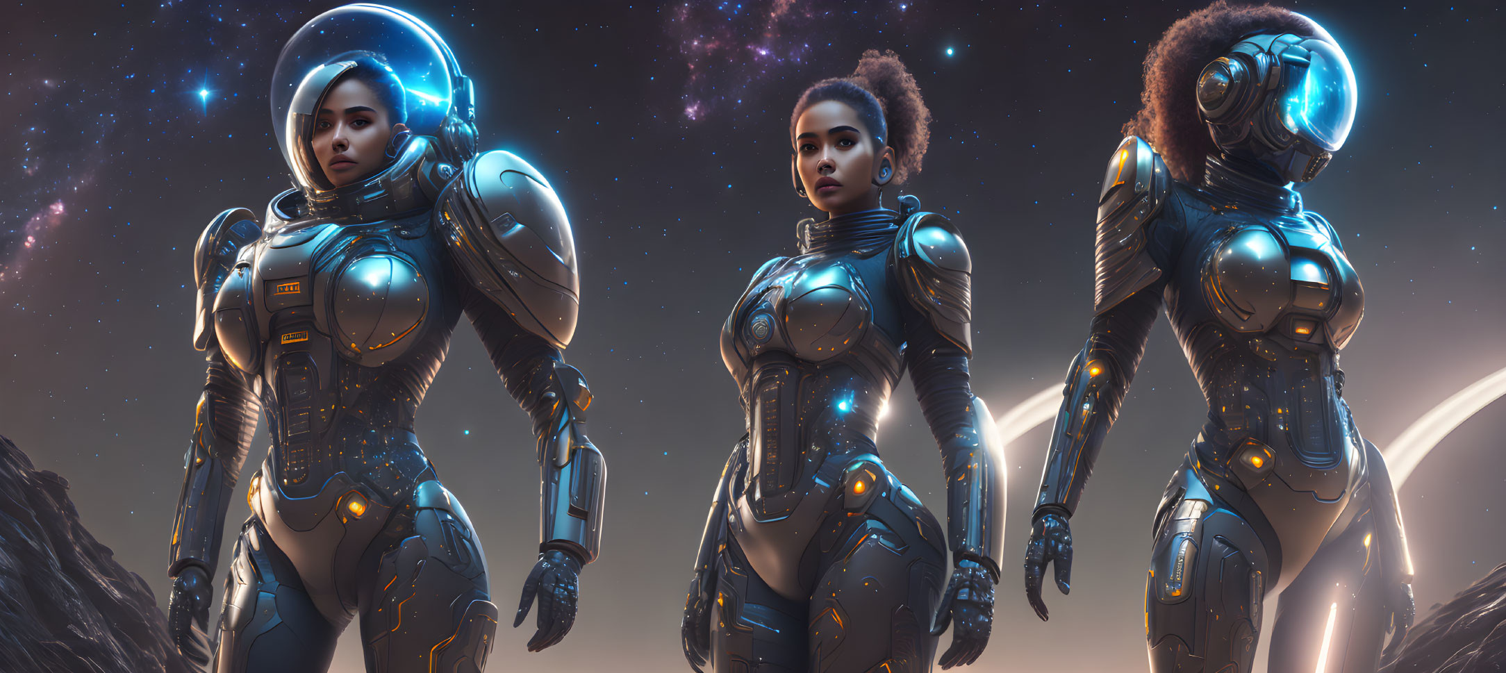 Futuristic female astronaut triptych in illuminated suit against starry space backdrop