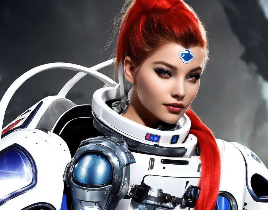 Red-haired female character in futuristic space armor on starry background