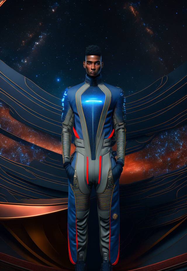 Futuristic space suit wearer in cosmic setting