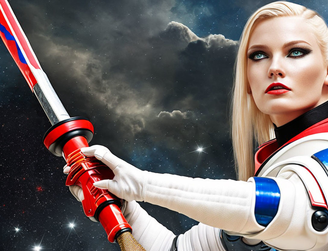 Futuristic woman in white suit with illuminated sword on cosmic background