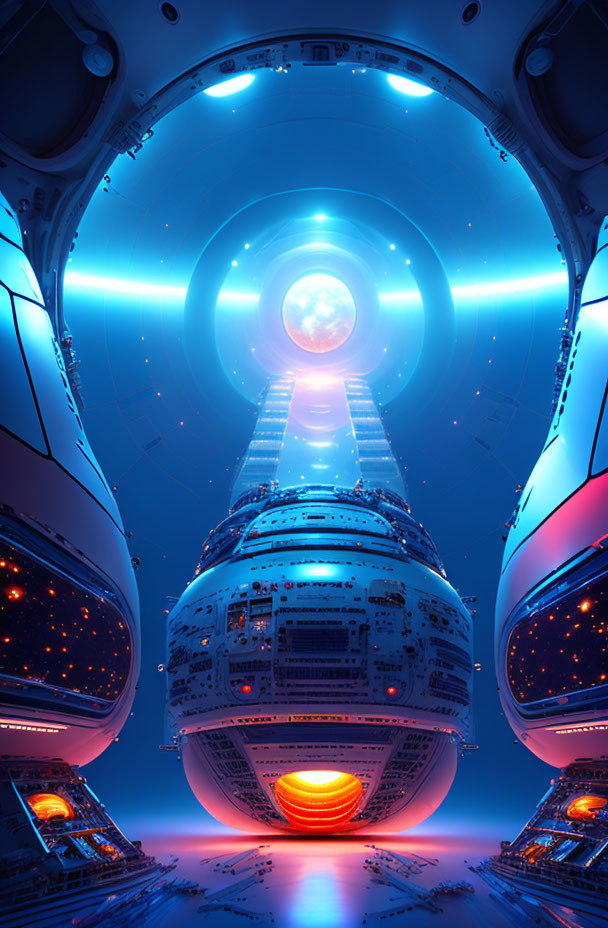 Futuristic spacecraft interior with glowing core and starry sky view