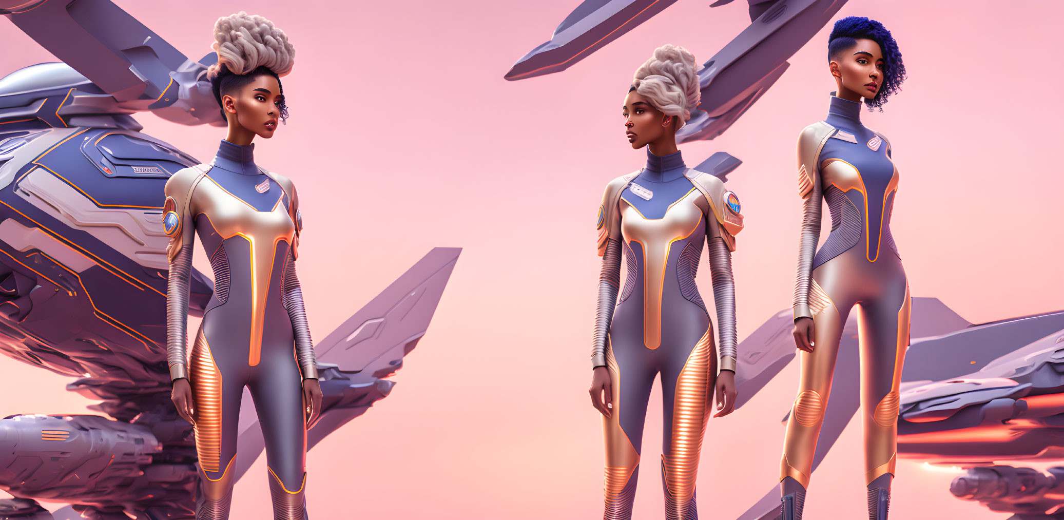 Futuristic women in sleek suits pose confidently by spaceship in pink sky