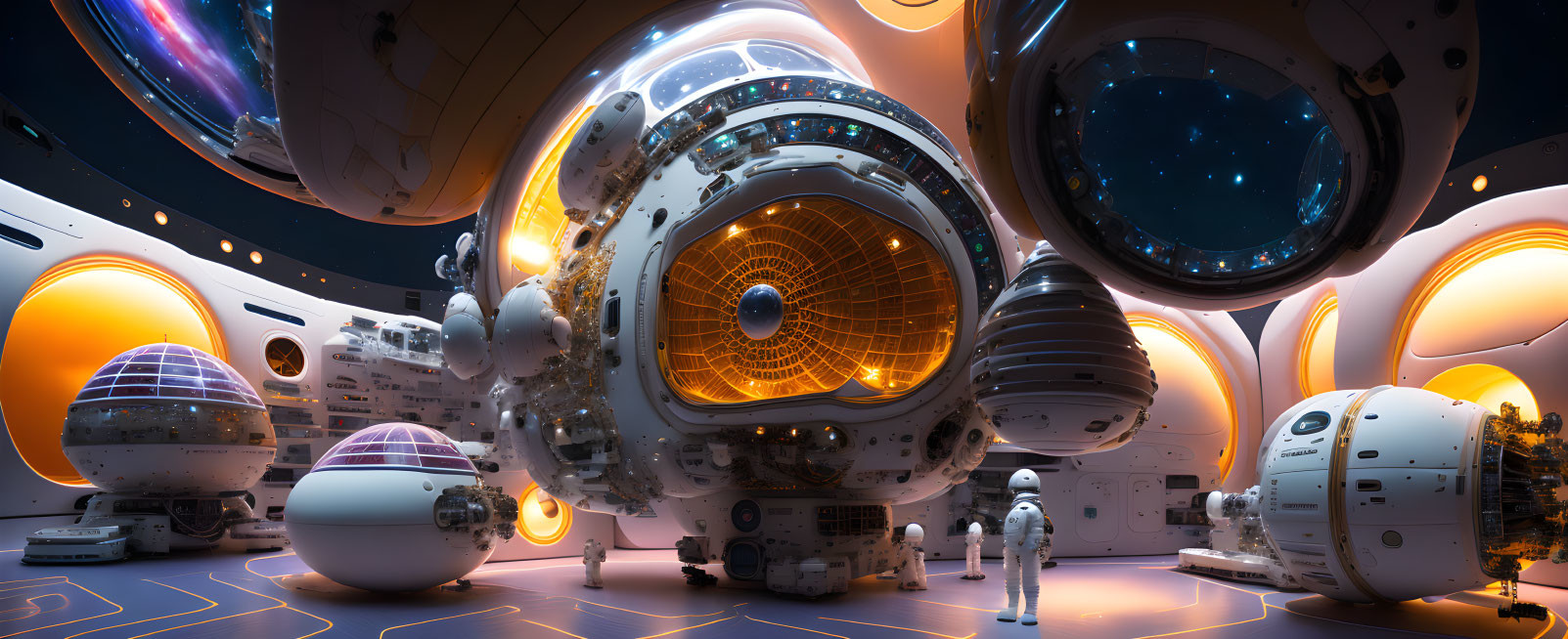 Futuristic spaceship interior with glowing orbs, spherical chambers, astronauts, and outer space views