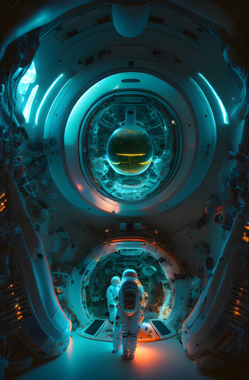 Futuristic spacecraft corridor with astronaut and glowing spherical chamber