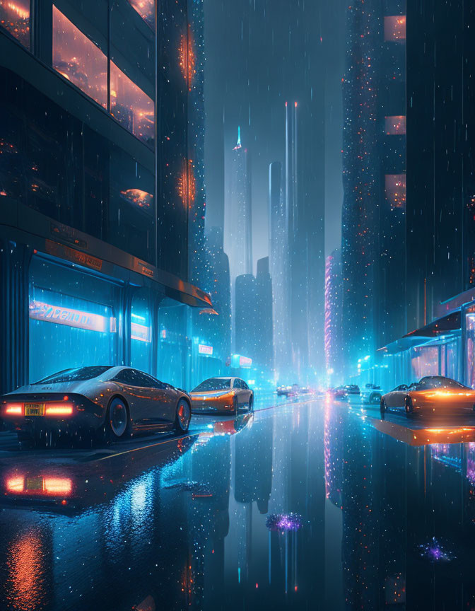 Futuristic cityscape at night with neon lights, wet streets, and skyscrapers