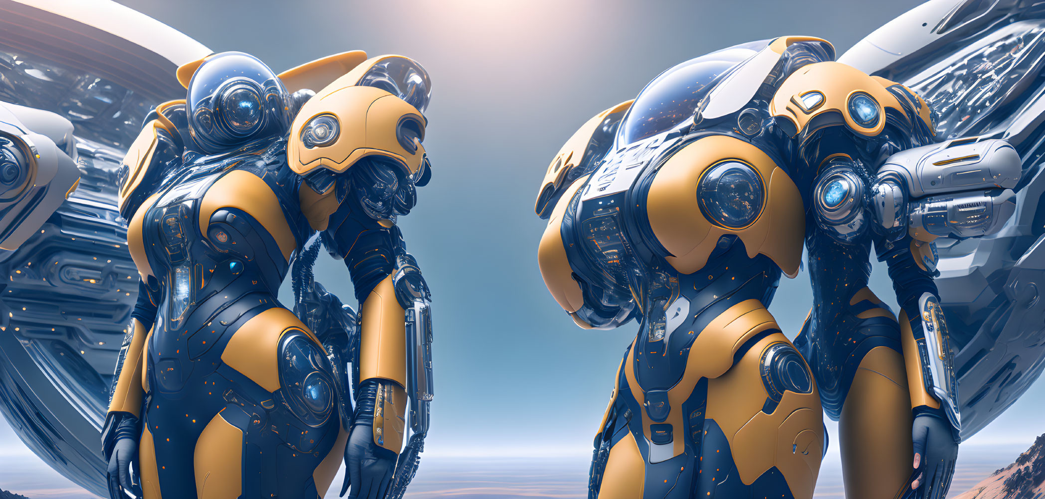 Detailed humanoid robots in yellow and blue colors gaze in futuristic scene.