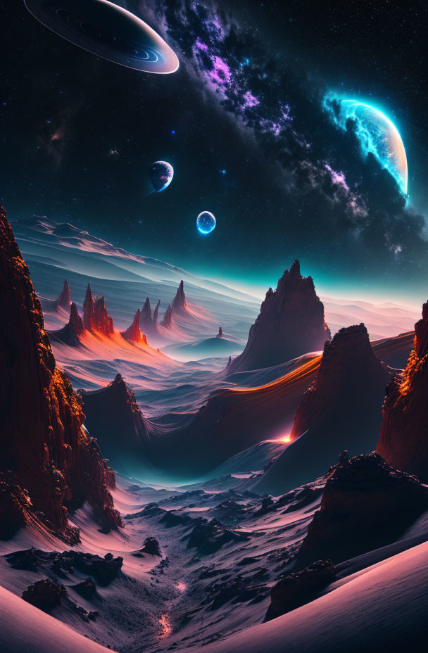 Surreal cosmic landscape with towering spires and alien worlds