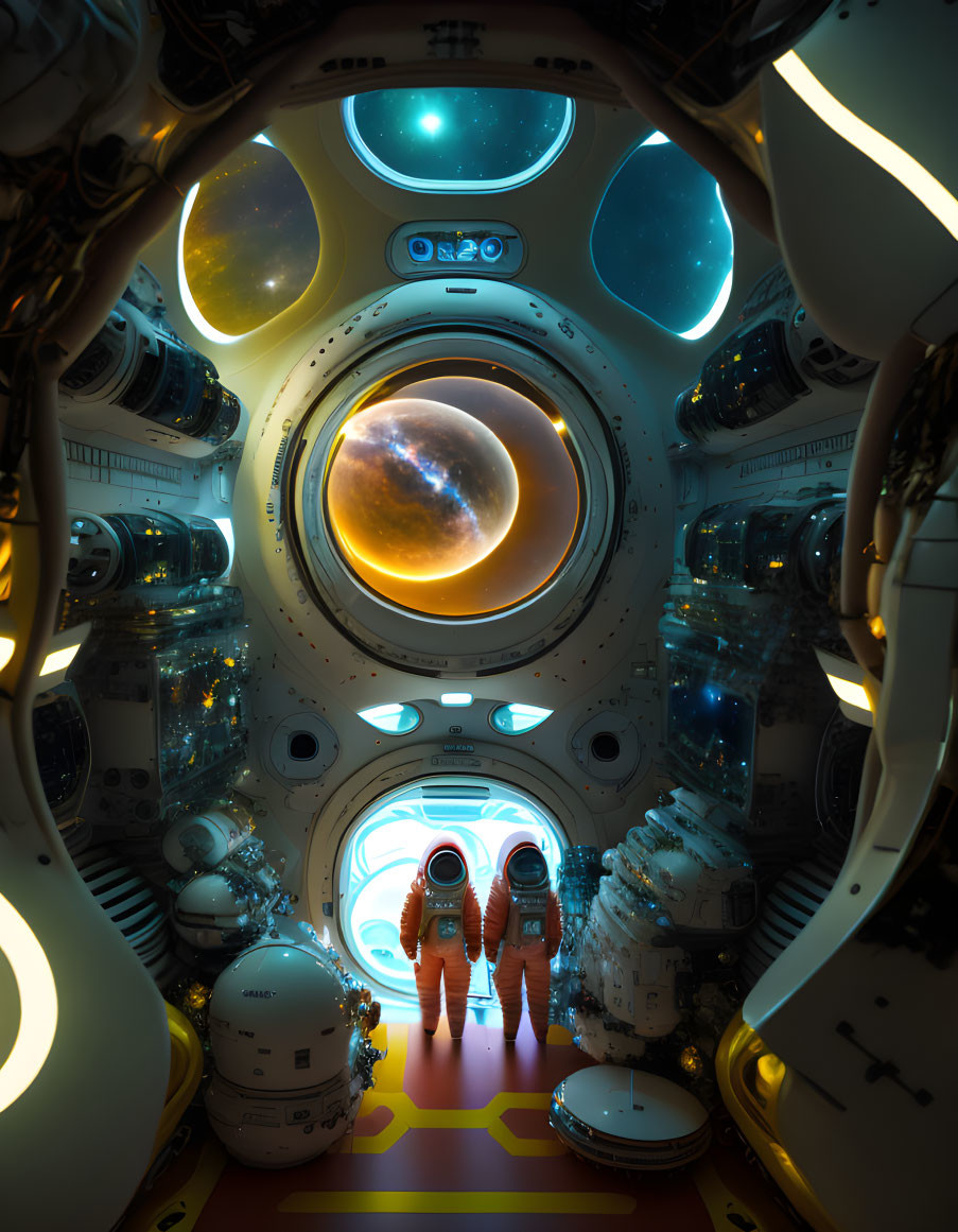 Futuristic spacecraft interior with planet view window & astronaut suits