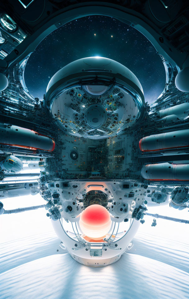 Futuristic spacecraft interior with glowing orb and intricate machinery