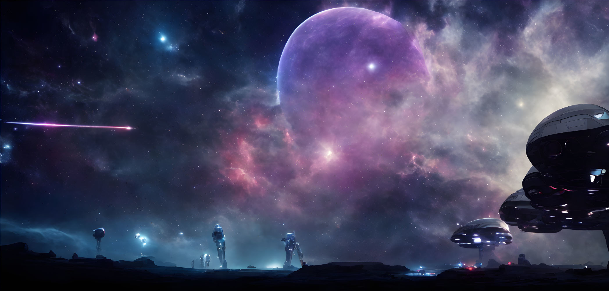 Futuristic sci-fi landscape with astronauts exploring alien planet