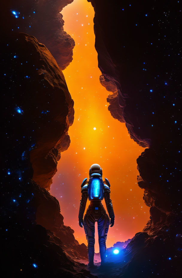 Astronaut in rocky alien canyon gazes at distant star and glowing nebula