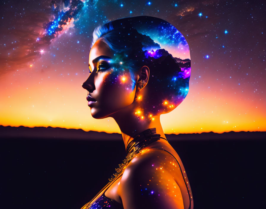 Silhouette of woman with cosmic background and sunset sky