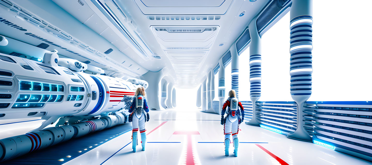 Futuristic corridor with astronauts and high-tech machinery.