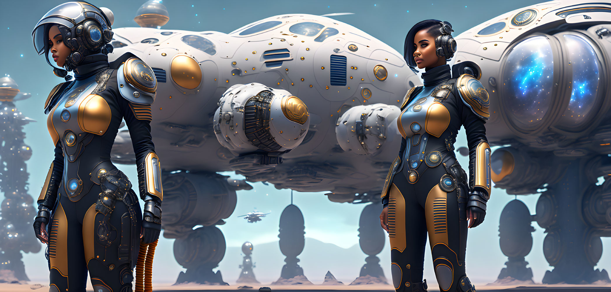 Futuristic space suits with hovering spacecraft in blue sky