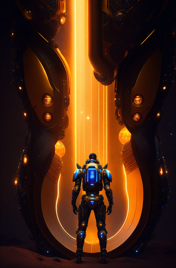 Futuristic astronaut in front of towering alien structure with vertical beam under starry sky