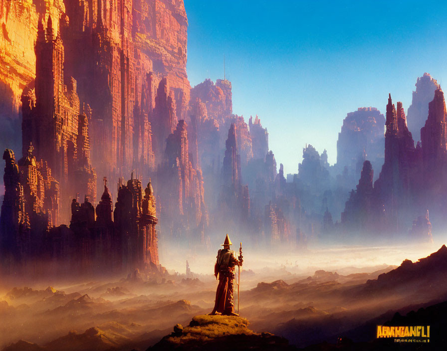 Cloaked figure in misty red rock landscape under blue sky