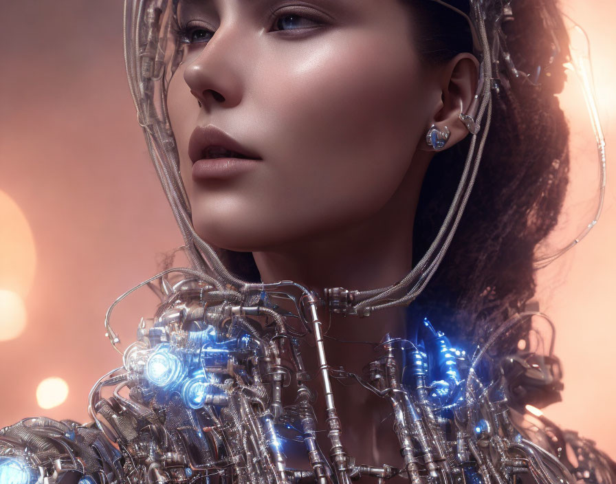 Futuristic woman with cybernetic neck and shoulder structures in blue lights