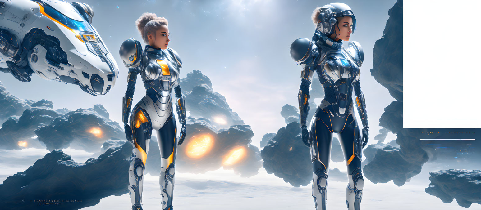 Futuristic female warriors in armored suits on icy planet with spaceship.