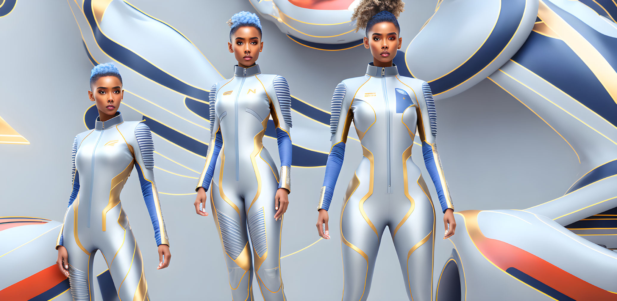 Three confident women in white and blue suits with abstract geometric shapes.