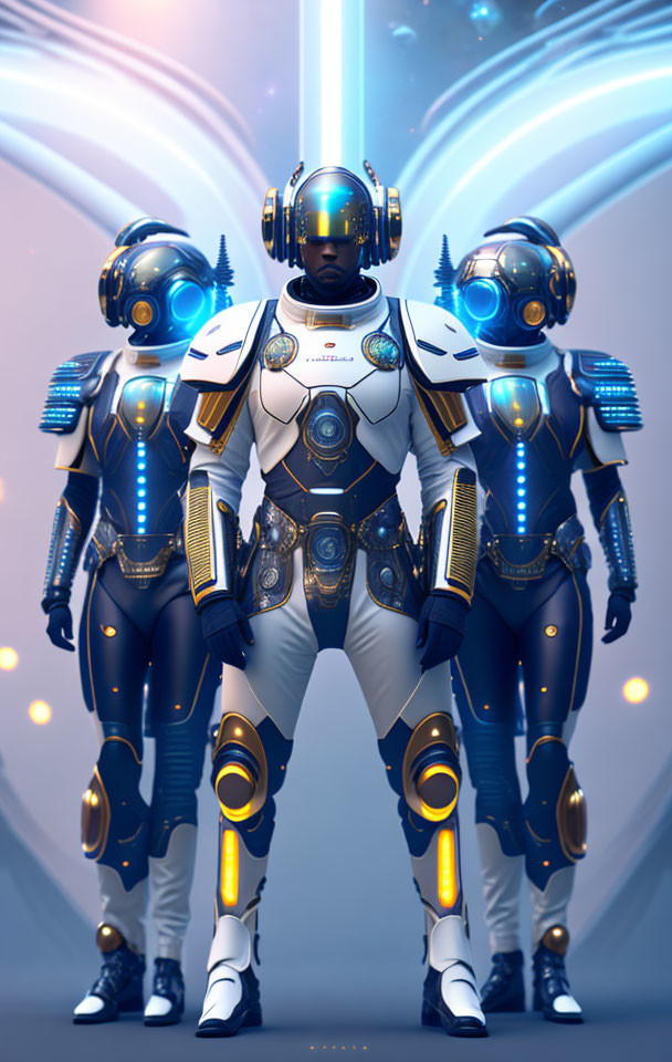 Futuristic armored figures with glowing blue accents in sci-fi setting