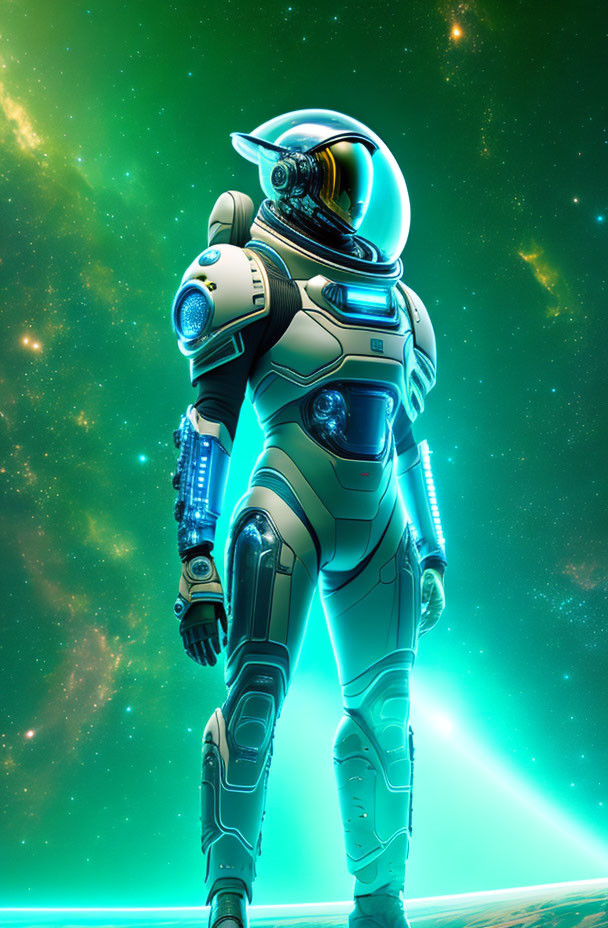 Futuristic astronaut in green celestial backdrop