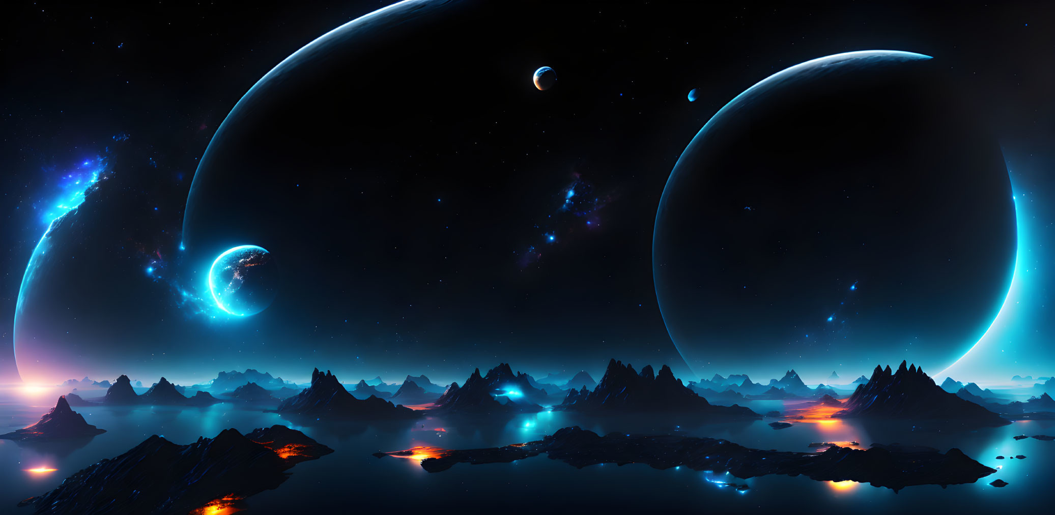 Vast cosmic landscape with planets, moons, and starry sky above reflective water bodies