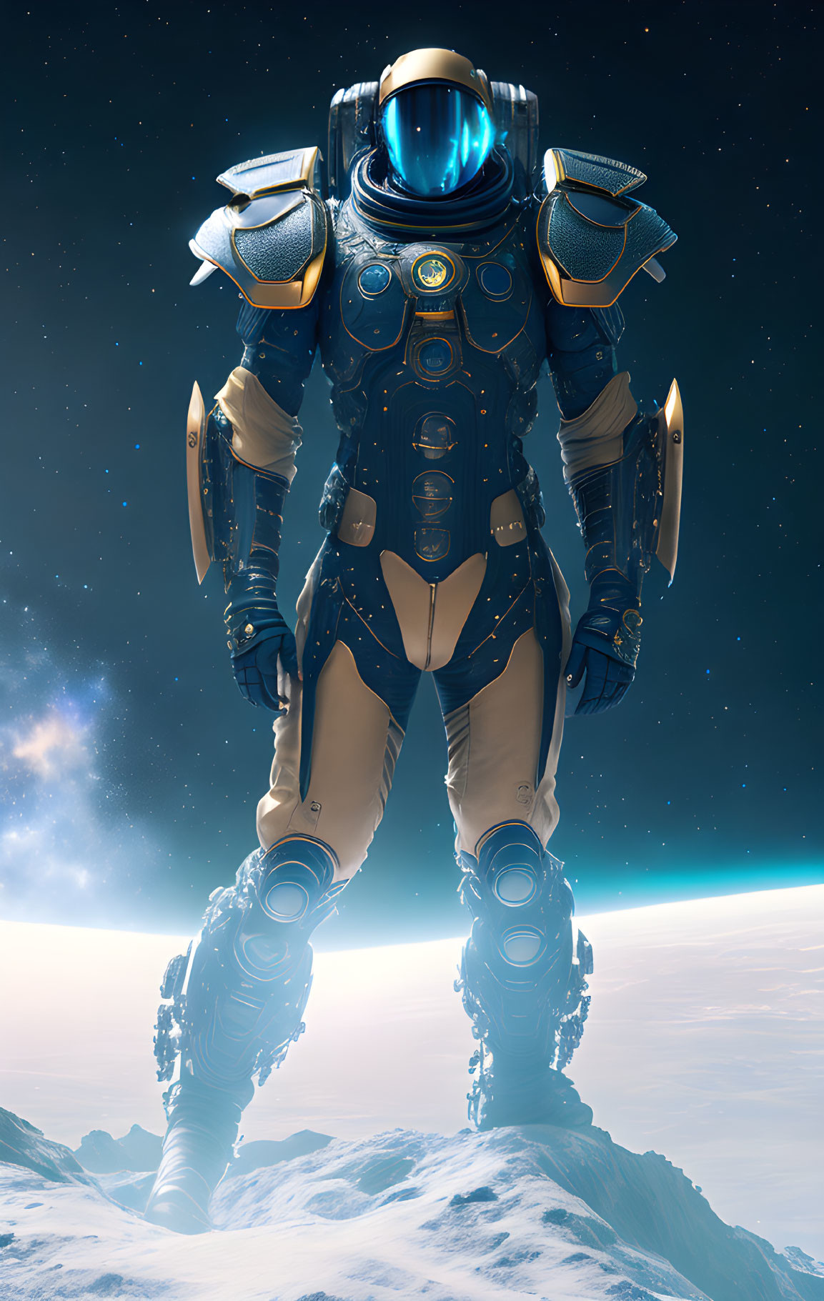 Detailed futuristic astronaut in armored spacesuit on alien planet