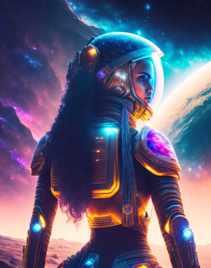 Female astronaut in glowing spacesuit gazes at cosmic background