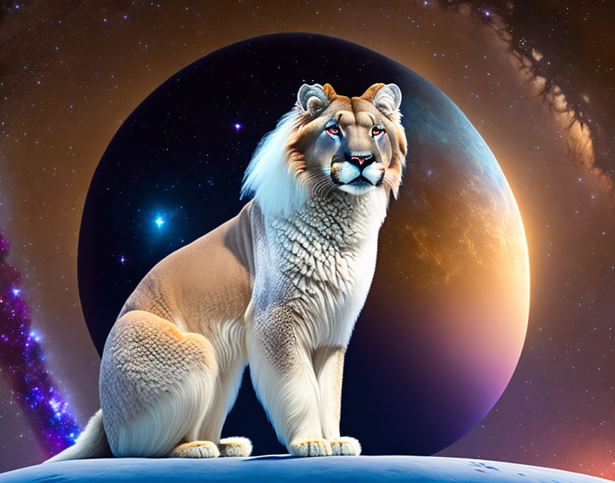 Majestic lion with blue eyes in cosmic setting