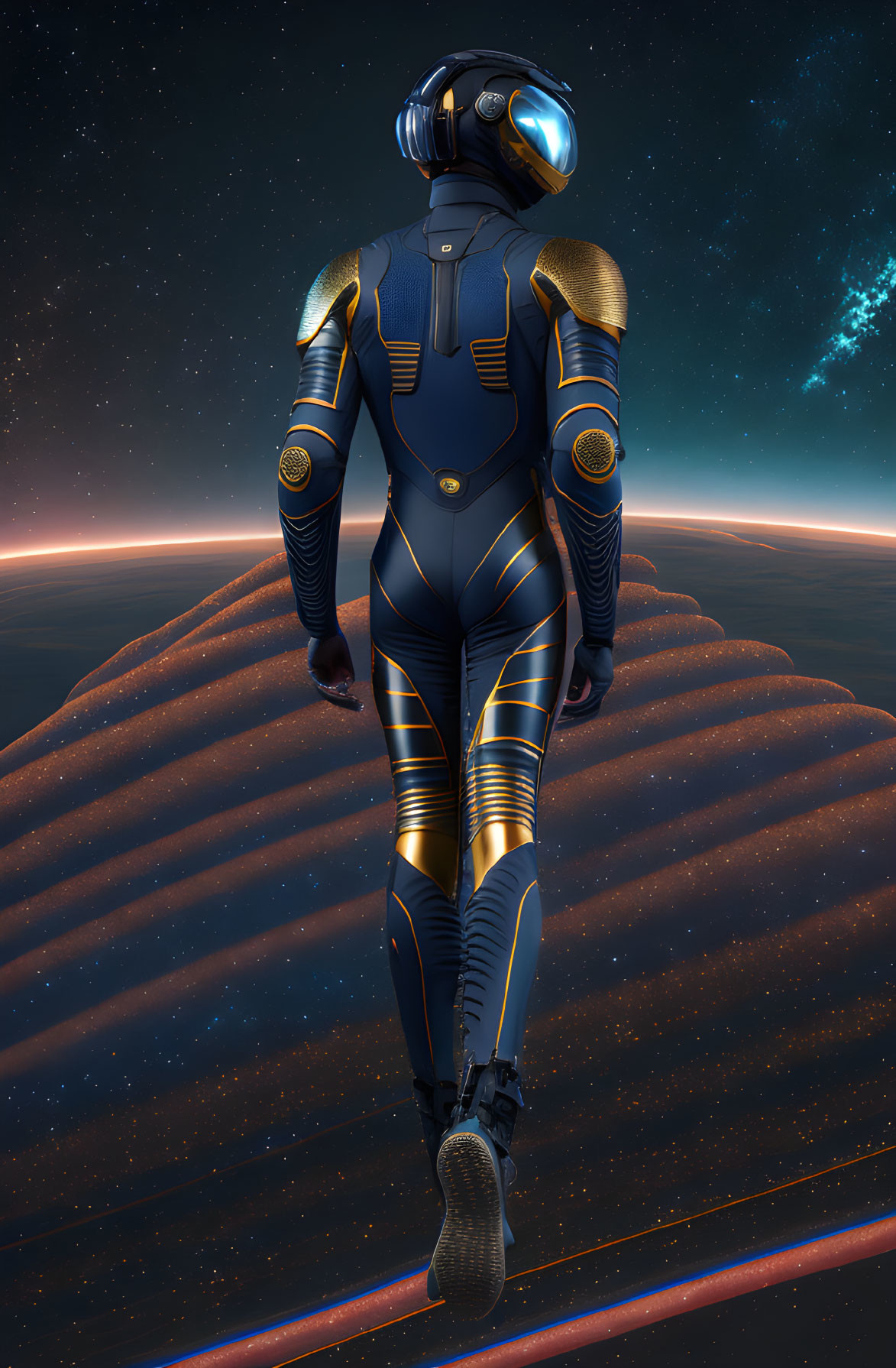 Modern astronaut in blue and gold suit on alien planet with star-filled sky.