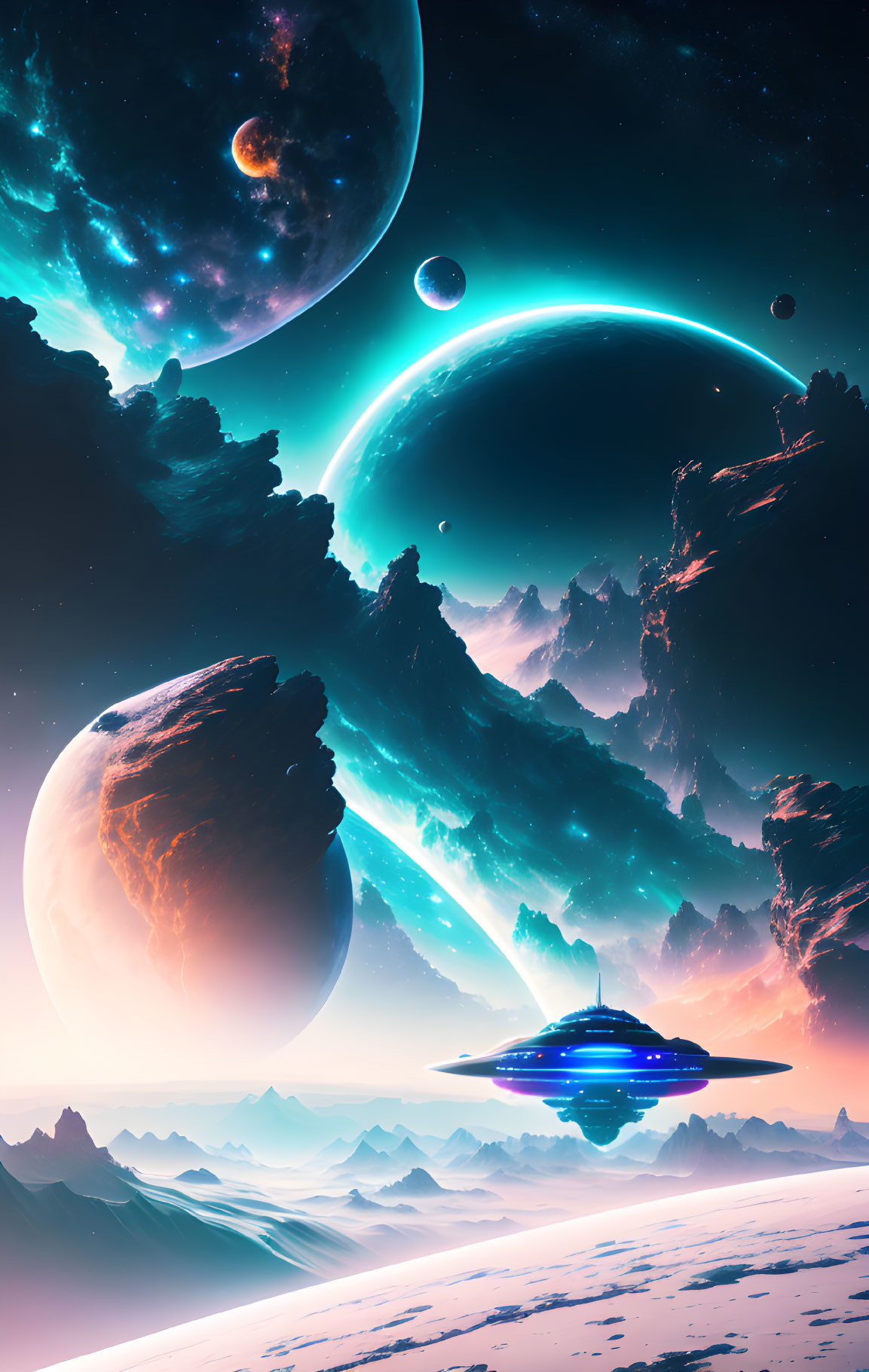 Colorful Futuristic Landscape with Spaceship and Planets