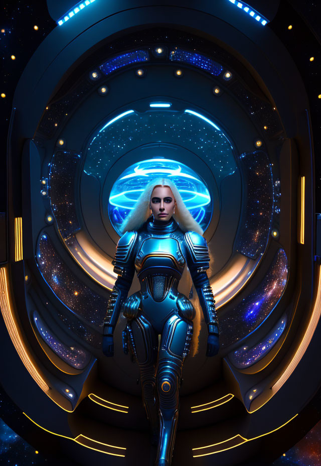 Futuristic female figure in blue exosuit at space station portal