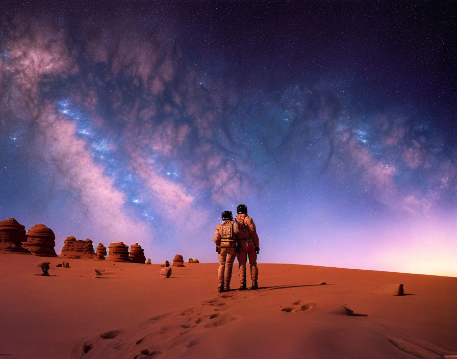 Astronauts on sandy alien landscape under starry night sky