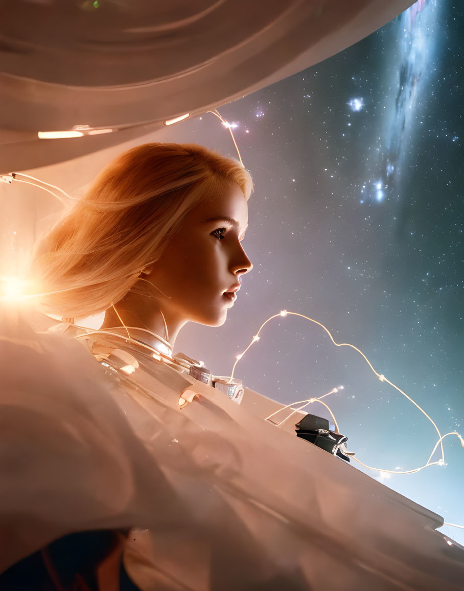 Woman in spacecraft surrounded by starry skies and celestial bodies with string lights.