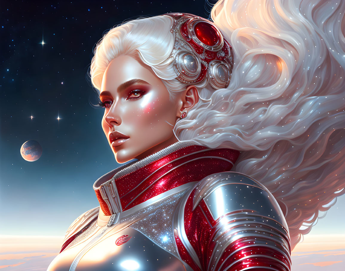 Futuristic digital artwork of woman in red space suit