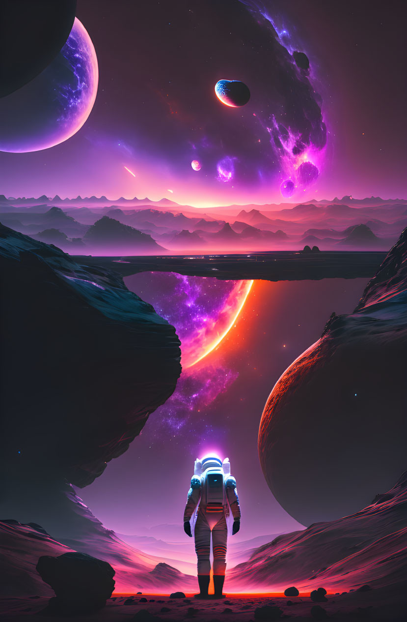 Astronaut on Alien Landscape with Purple Cosmic Sky